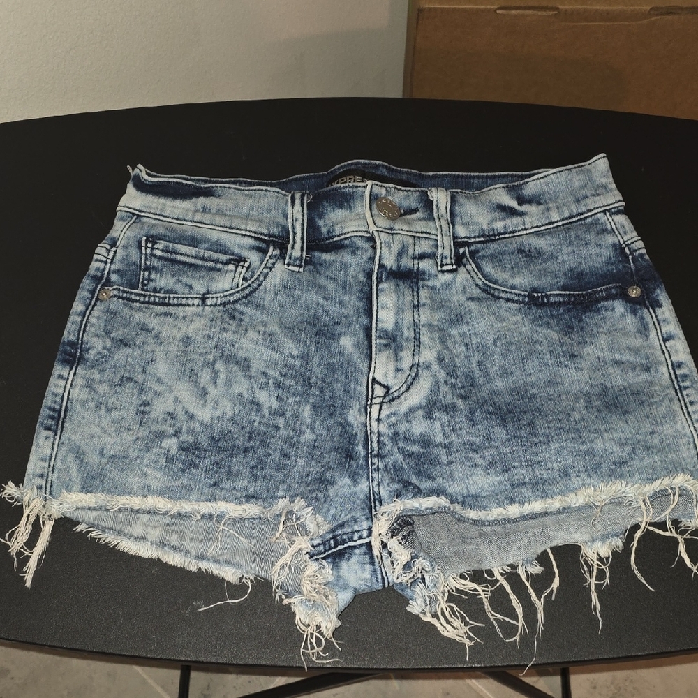 Express Light Blue Acid-Wash Frayed Hem Jean Shorts